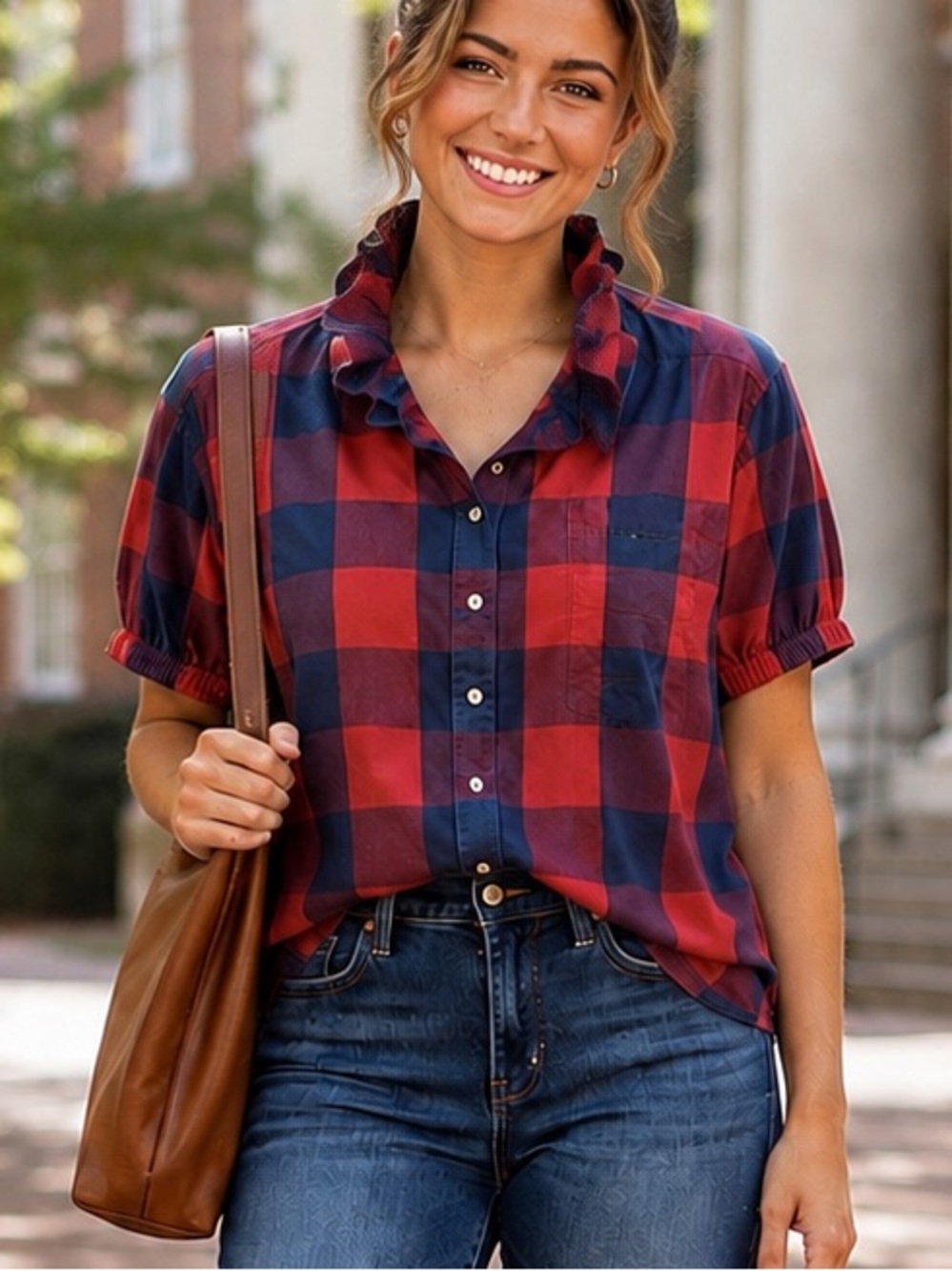 Sonoma Reworked Plaid Ruffle Collar Button Down Top XL Cottagecore
